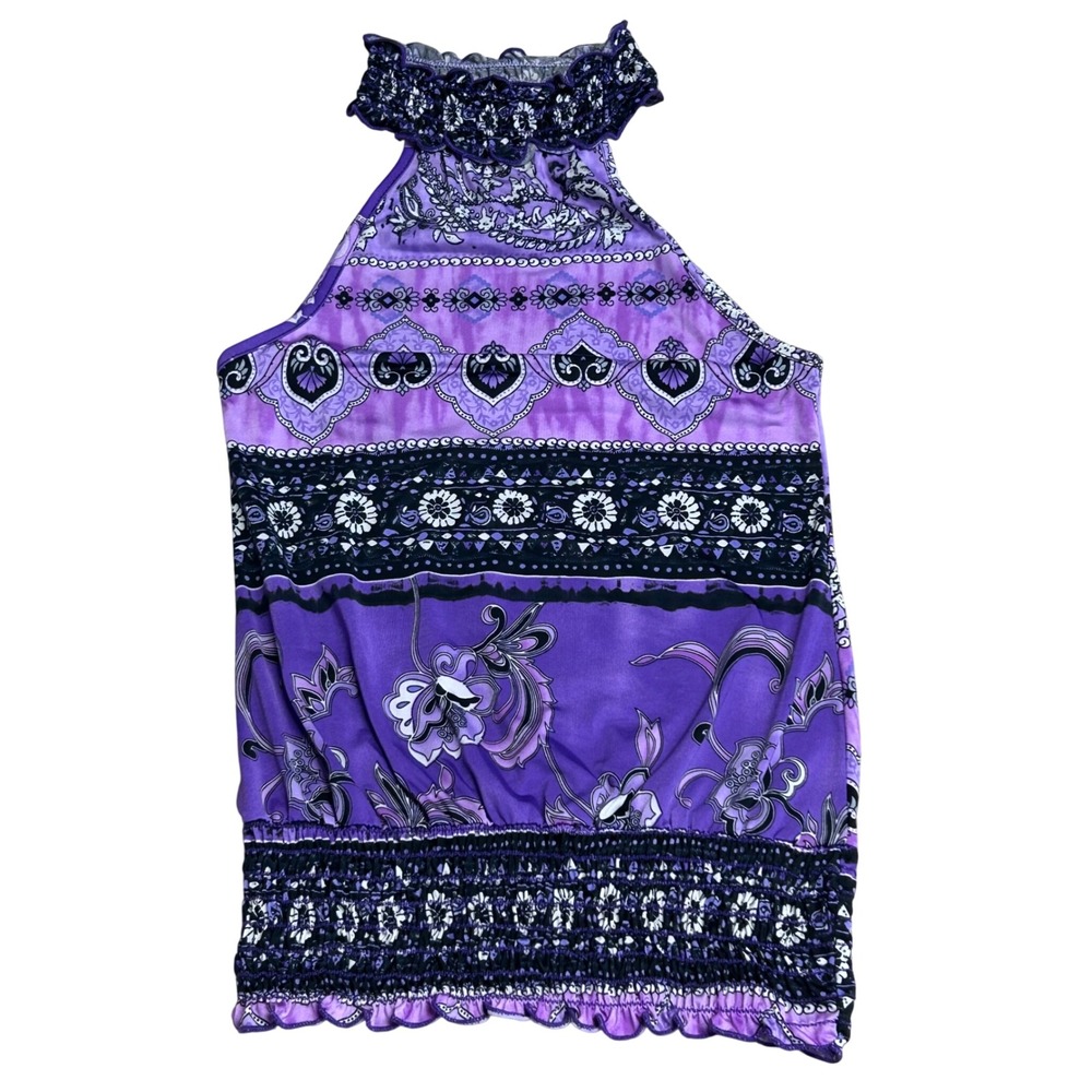 Orange Halter Top Small Purple Paisley Floral Halter Neck Smocked Boho Blouse